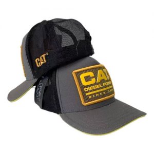 Boné Cat cinza logo amarelo central diesel power Beltreq Peças