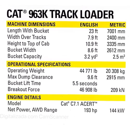 Miniatura carregadeira esteira cat 963k escala 1:50 descrição Beltreq Peças